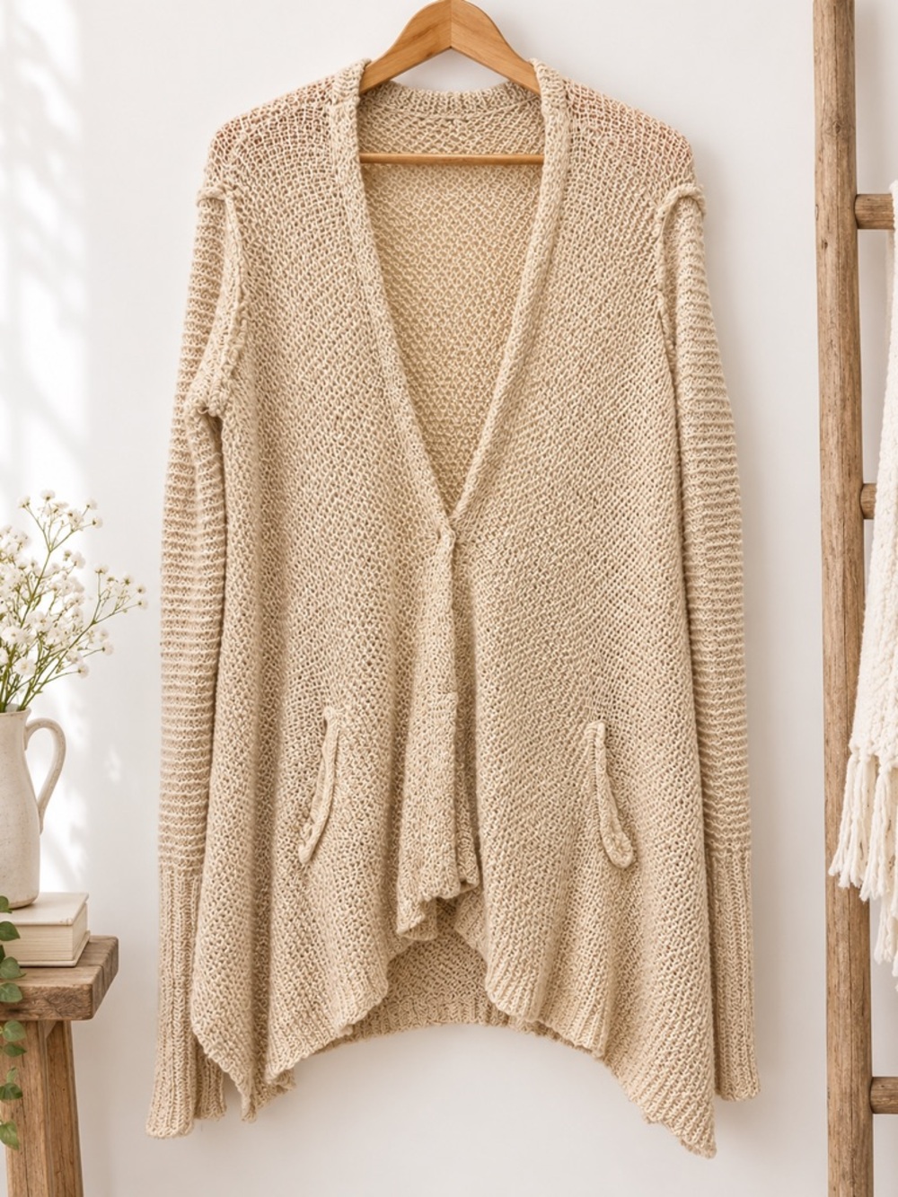 Free People Shark Bite Asymmetrical Cardigan Sweater Ivory Size XS cotton blend